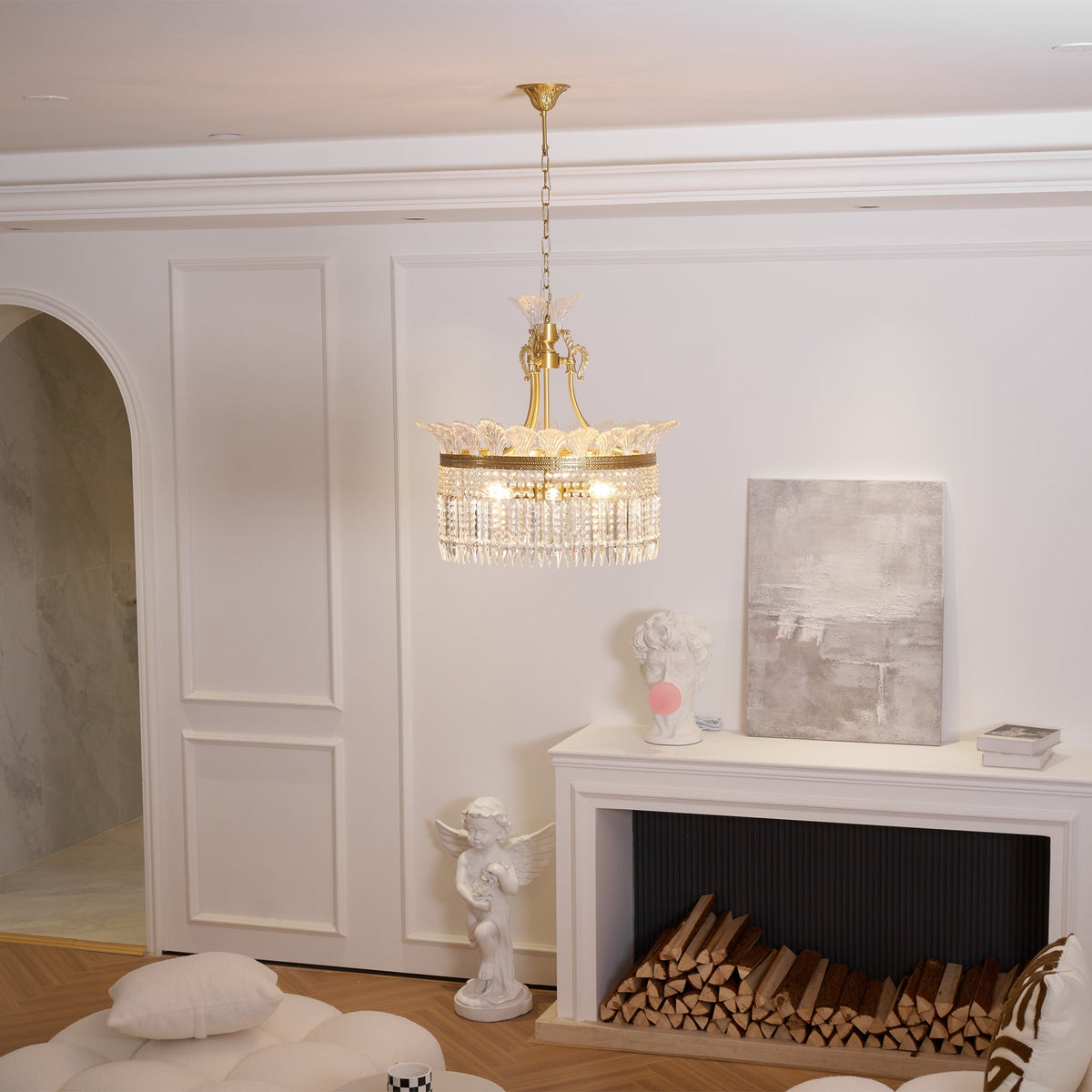 Crinoline Postmodern Brass and Crystal Chandelier Multi-Head