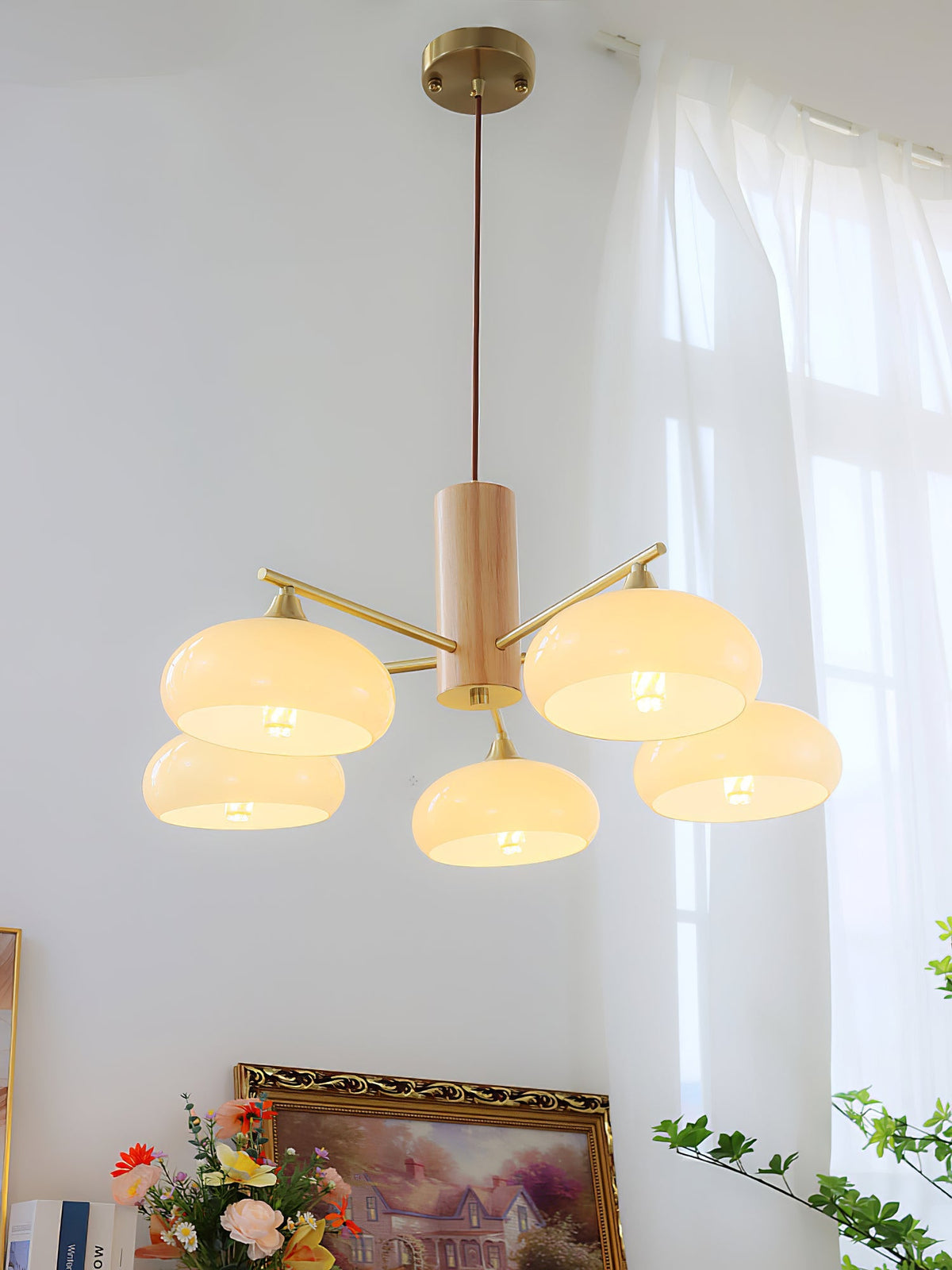 Nova Persimmon Glass Chandelier Brass Arm Ceiling Light