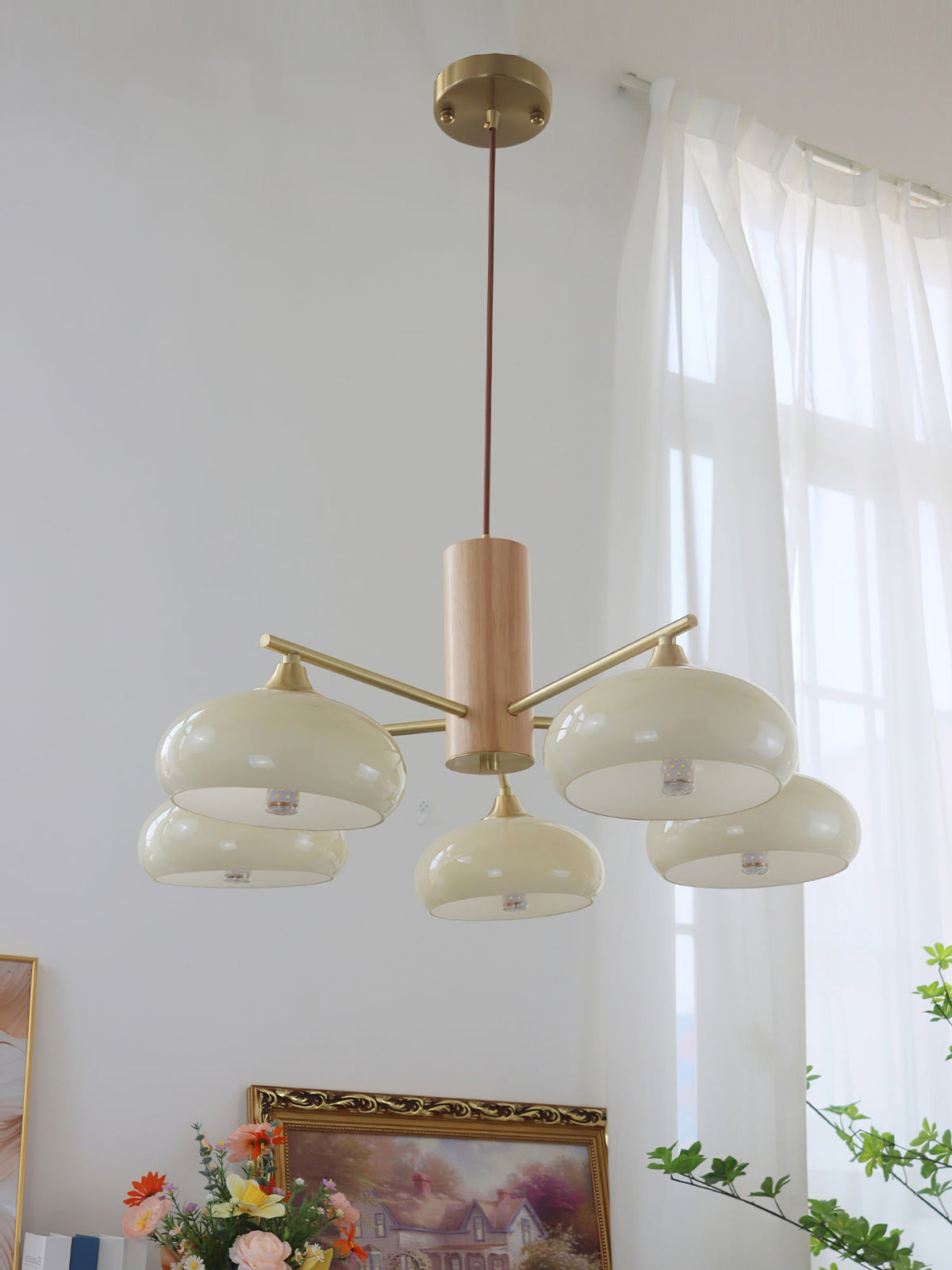 Nova Persimmon Glass Chandelier Brass Arm Ceiling Light