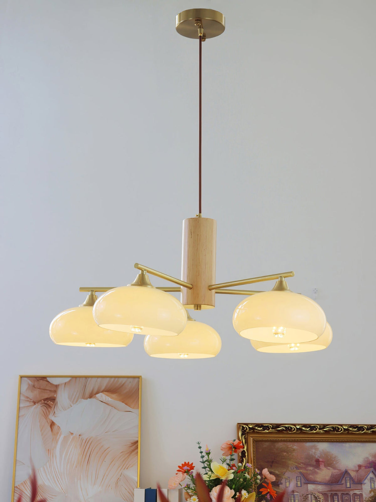 Nova Persimmon Glass Chandelier Brass Arm Ceiling Light
