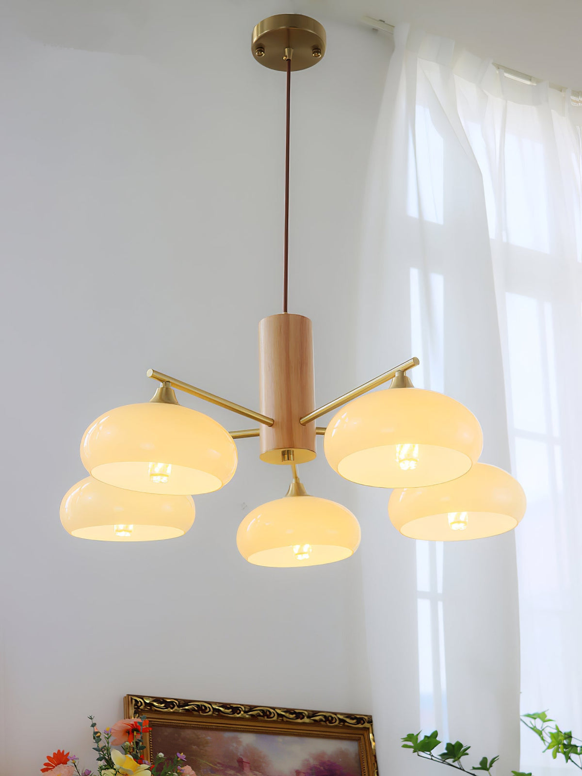 Nova Persimmon Glass Chandelier Brass Arm Ceiling Light