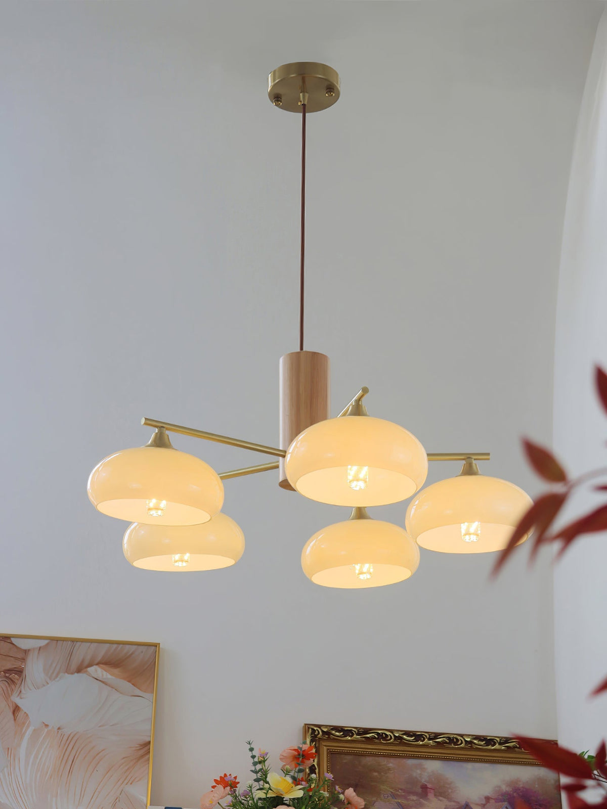 Nova Persimmon Glass Chandelier Brass Arm Ceiling Light